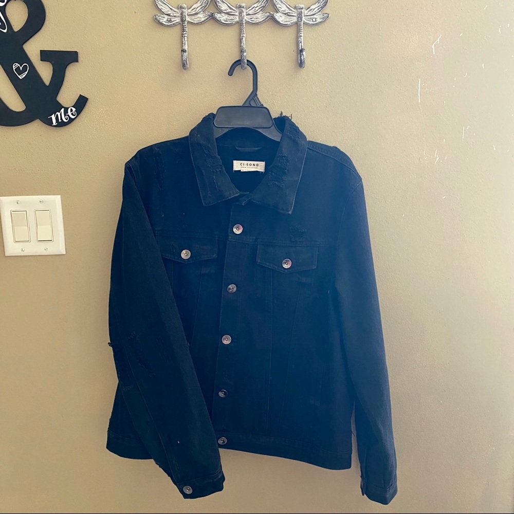 Distressed Black Denim Jacket XL